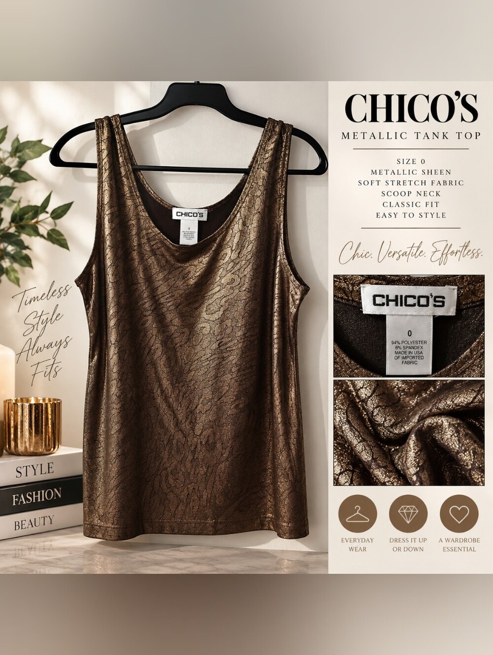 Chico's Shimmery Bronze Scoop Neck Tank